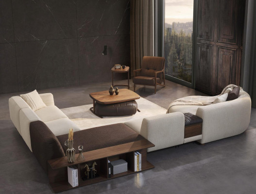 Bruine fauteuil gestoffeerde meubels woonkamer hout inrichting luxe textiel nieuw