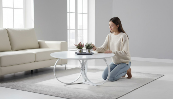 Witte salontafel, ronde woonkamertafel, designmeubilair, modern meubilair