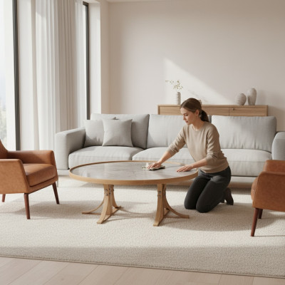 Luxe woonkamer salontafel hout koffietafel inrichting modern meubilair