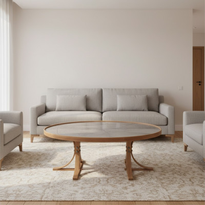 Luxe woonkamer salontafel hout koffietafel inrichting modern meubilair