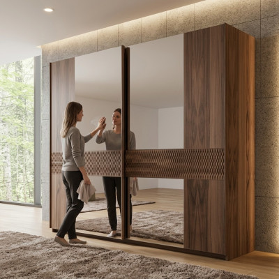 Luxe houten kast Modern slaapkamer design Kledingkast glazen deuren