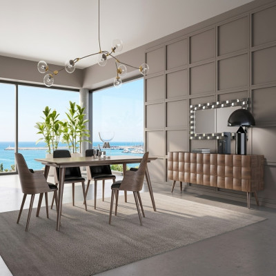 Compleet set 7-delig eetkamer eettafel Nieuw 4x Stoelen Luxe dressoir met spiegel