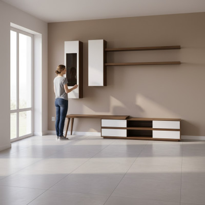 Wandmeubel set 5-delig houten meubilair TV-standaard + salontafel Modern 2x wandplanken