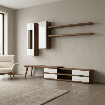 Wandmeubel set 5-delig houten meubilair TV-standaard + salontafel Modern 2x wandplanken