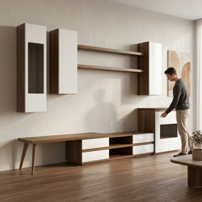 Woonkamer Compleet Set 7-delig TV-standaard + Salontafel Houten Meubels Vitrine Modern