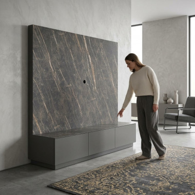 Moderne grijze luxe woonwand van houten meubels, designer woonkamermeubilair inrichting.