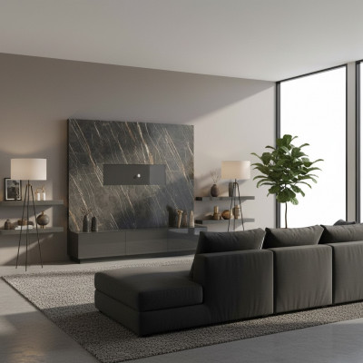 Moderne grijze luxe woonwand van houten meubels, designer woonkamermeubilair inrichting.