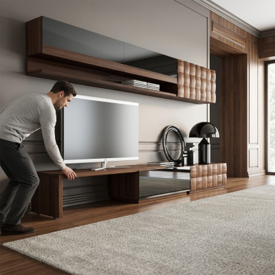 Volledige woonkamermeubels, tv-standaard, wandkast, ontwerper, 2 wandplanken.