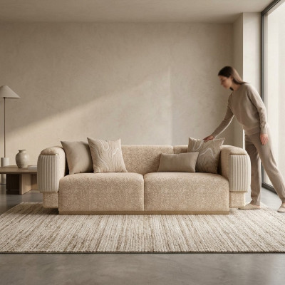 Driezitsbank Textiel Woonkamer Beige Gestoffeerde Meubels Luxe Banken Bankstel