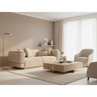 Driezitsbank Textiel Woonkamer Beige Gestoffeerde Meubels Luxe Banken Bankstel