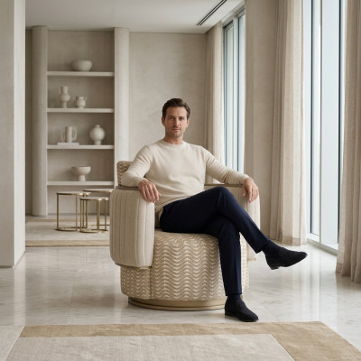 Beige fauteuil woonkamer luxe gestoffeerde meubels design moderne inrichting nieuw.