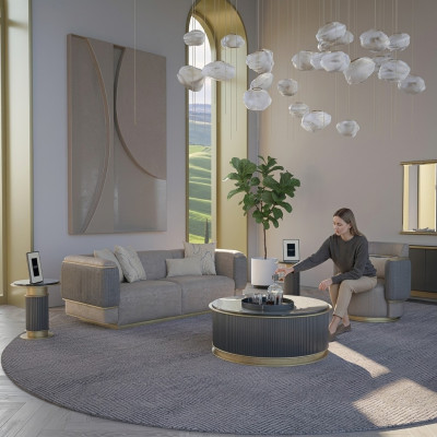 Woonkamer compleet 2-delig driezitsbank gestoffeerde meubels fauteuil modern design