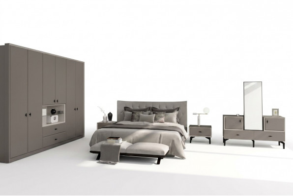 Grijze slaapkamerset, designerbed, commode, kledingkast, luxe 5-delig.