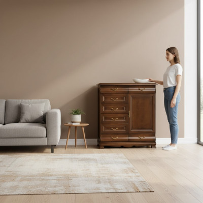 Laden van massief eikenhout, dressoirs, dressoirs van massief hout, echte houten kast.