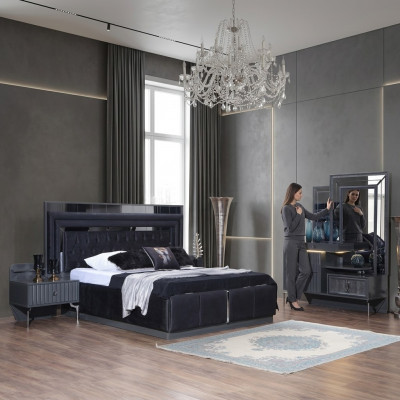 Compleet Zwarte Slaapkamerset Luxe Tweepersoonsbed Nachtkastjes 4-delig