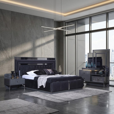 Compleet Zwarte Slaapkamerset Luxe Tweepersoonsbed Nachtkastjes 4-delig