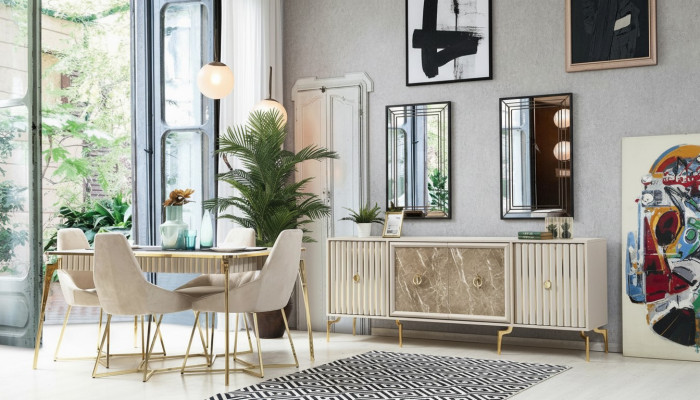 Luxe eetkamer meubels Eettafel 6x stoelen Dressoir Spiegel 10-delige Nieuw
