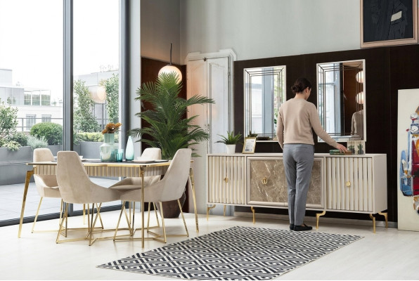 Stijlvolle eetkamerset luxeset ontwerptafel met 6 stoelen.