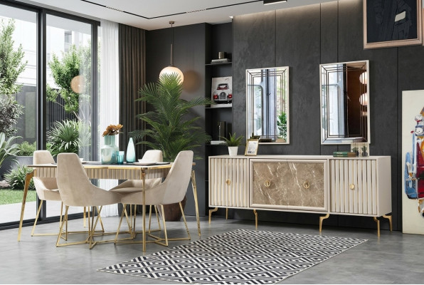 Stijlvolle eetkamerset luxeset ontwerptafel met 6 stoelen.