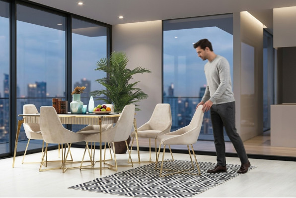 Gouden eetkamerset luxe set eettafel met stoelen designmeubelen.