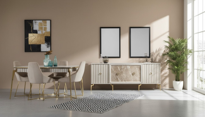 Gouden eetkamerset luxe set eettafel met stoelen designmeubelen.