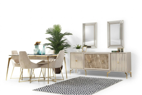 Gouden eetkamerset luxe set eettafel met stoelen designmeubelen.