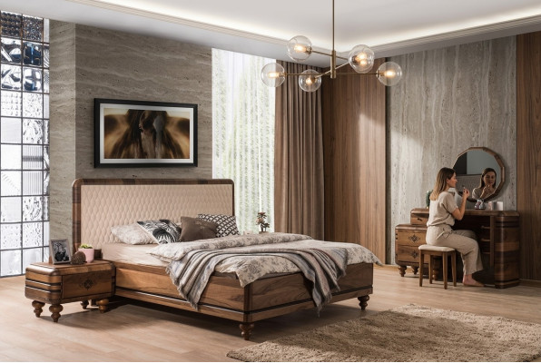 Klassieke slaapkamer set Luxe bruin bed Nachtkastjes Kaptafel