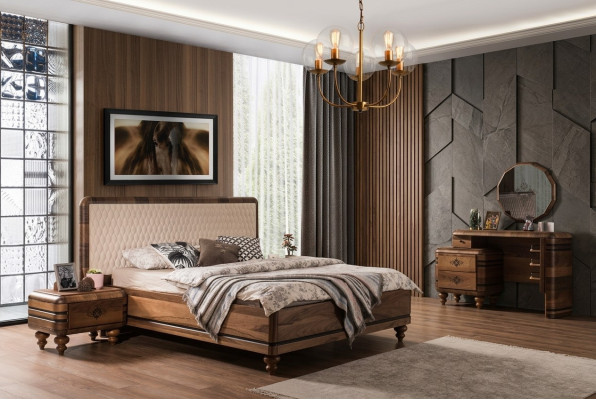 Klassieke slaapkamer set Luxe bruin bed Nachtkastjes Kaptafel