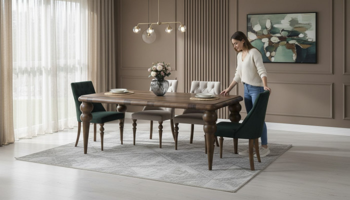 Klassieke eetkamer houten set Eettafel 6x Gestoffeerde stoelen 7-delig set