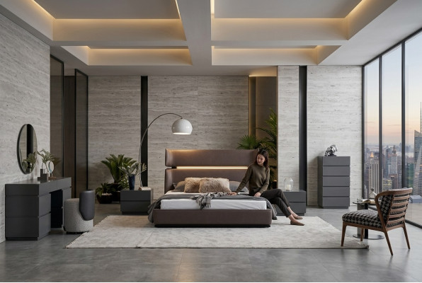 Moderne slaapkamer set 6-delig: bed, 2x nachtkastjes, commode met spiegel.