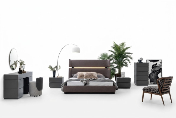 Moderne slaapkamer set 6-delig: bed, 2x nachtkastjes, commode met spiegel.
