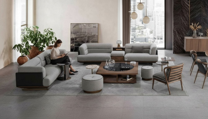 Luxe woonkamerset met bank en fauteuil in modern design, bankstel 6-delig.