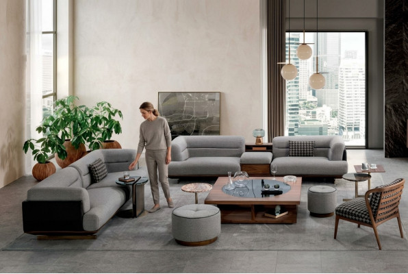 Luxe woonkamerset Grijs bankstel met fauteuil 2x poef Modern design