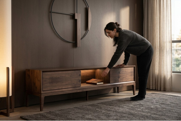 Luxe woonkamer bruin meubels woonkast tv-standaard nieuw modern.