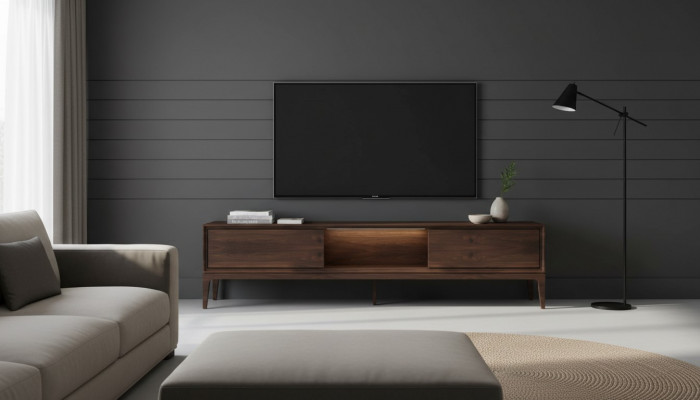 Luxe woonkamer bruin meubels woonkast tv-standaard nieuw modern.