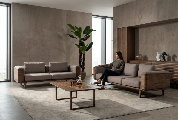 Ontwerp woonkamerset 2x banken met salontafel luxe hout met textiel.