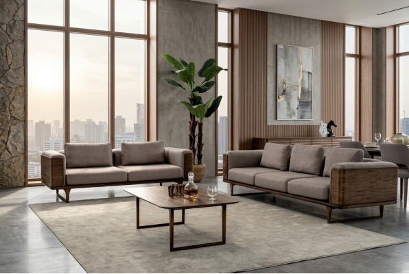 Ontwerp woonkamerset 2x banken met salontafel luxe hout met textiel.