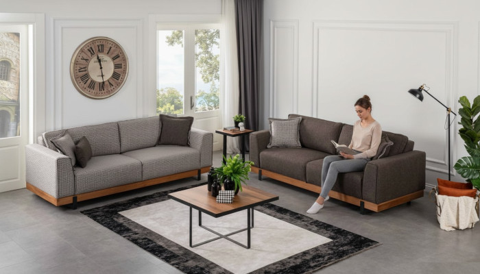 Luxe bankstel set Bruine bankstel 3+3 zits stoffen bankstel Luxe ontwerp