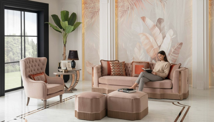 Luxe woonkamer Chic bank 4-zitter fauteuil met 2x voetenbank Stijlvol meubilair
