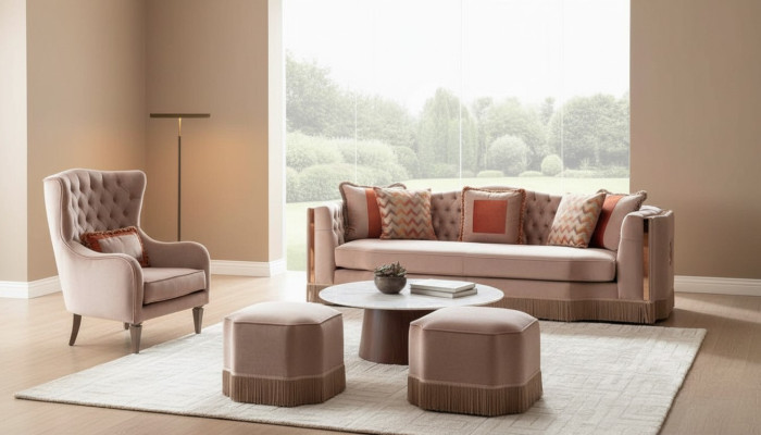 Luxe woonkamer Chic bank 4-zitter fauteuil met 2x voetenbank Stijlvol meubilair