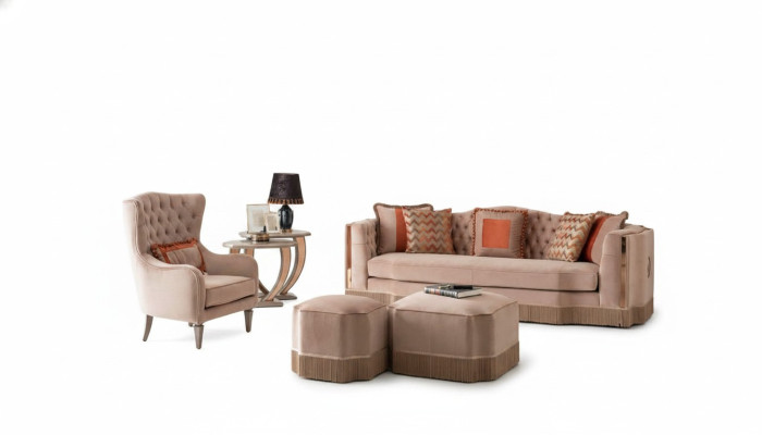 Luxe woonkamer Chic bank 4-zitter fauteuil met 2x voetenbank Stijlvol meubilair
