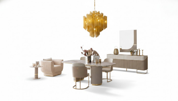 Luxe ontwerp eetkamerset eettafel 4 stoelen dressoir spiegel meubels