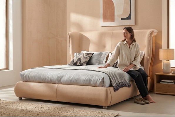 Beige bed Slaapkamer Bedden Tweepersoonsbedden Houten meubels Leren bedden