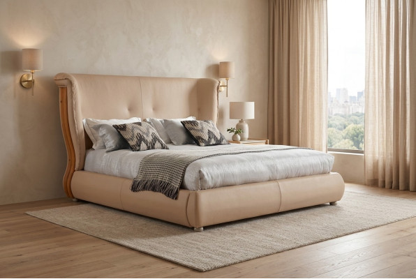 Beige bed Slaapkamer Bedden Tweepersoonsbedden Houten meubels Leren bedden