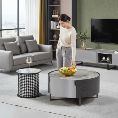 Salontafel Ronde Set van 2 Bijzettafels Woonkamer Tafels Ontwerp Nieuw