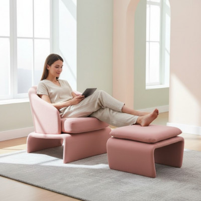 Set fauteuil en poef Club Lounge roze stof in moderne stijl woonkamer.