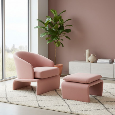 Set fauteuil en poef Club Lounge roze stof in moderne stijl woonkamer.