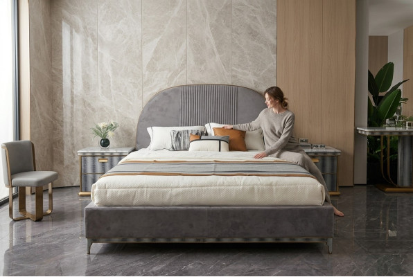 Grijze slaapkamer set, bedframe 2x nachtkastjes tweepersoonsbed 3-delig