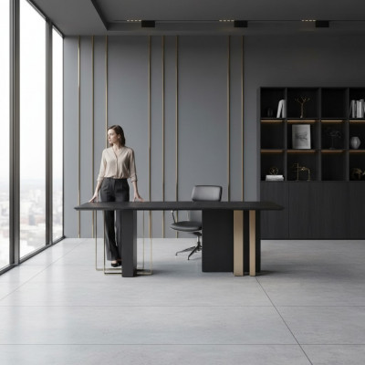 Zwarte eettafel Rechthoekig massief hout roestvrijstalen design tafel