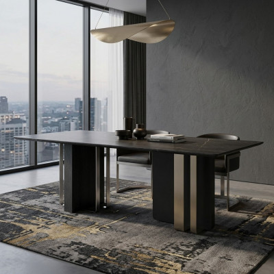 Zwarte eettafel Rechthoekig massief hout roestvrijstalen design tafel